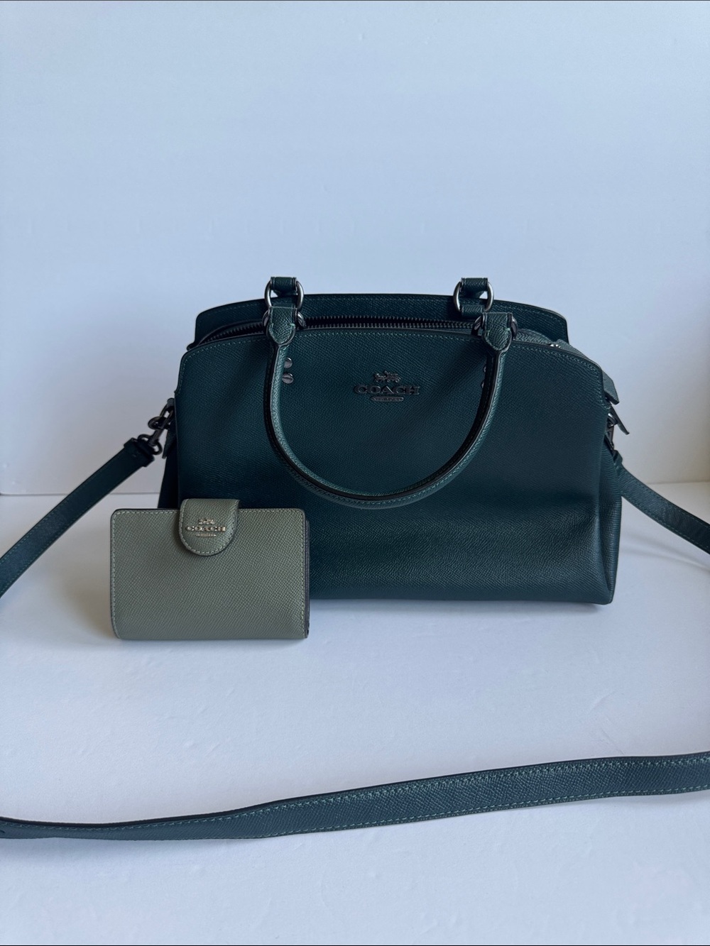 Coach Forest Green Lillie Carryall Leather Satchel Bag With Matching Wallet Set